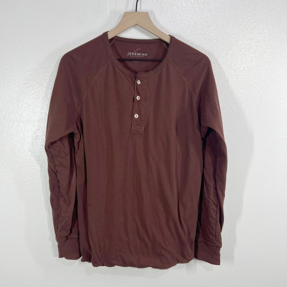 Jeremiah Henley Shirt Lined L Men Brown Long Sleeve Button Casual Stretch‎ Top
